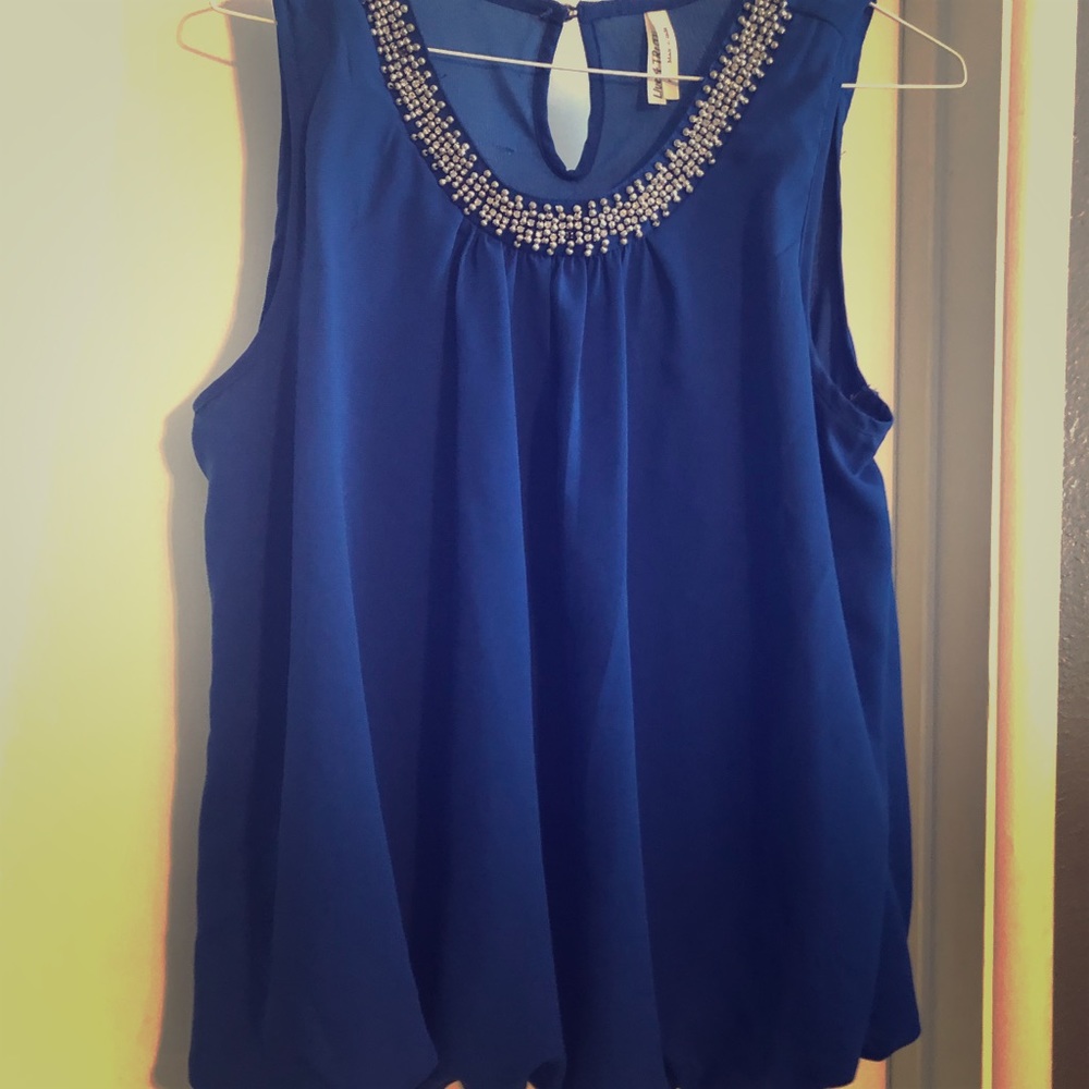 Royal blue sleeveless with sparkles along the neck